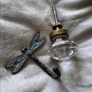 Glass Drawer knob and metal dragonfly hook